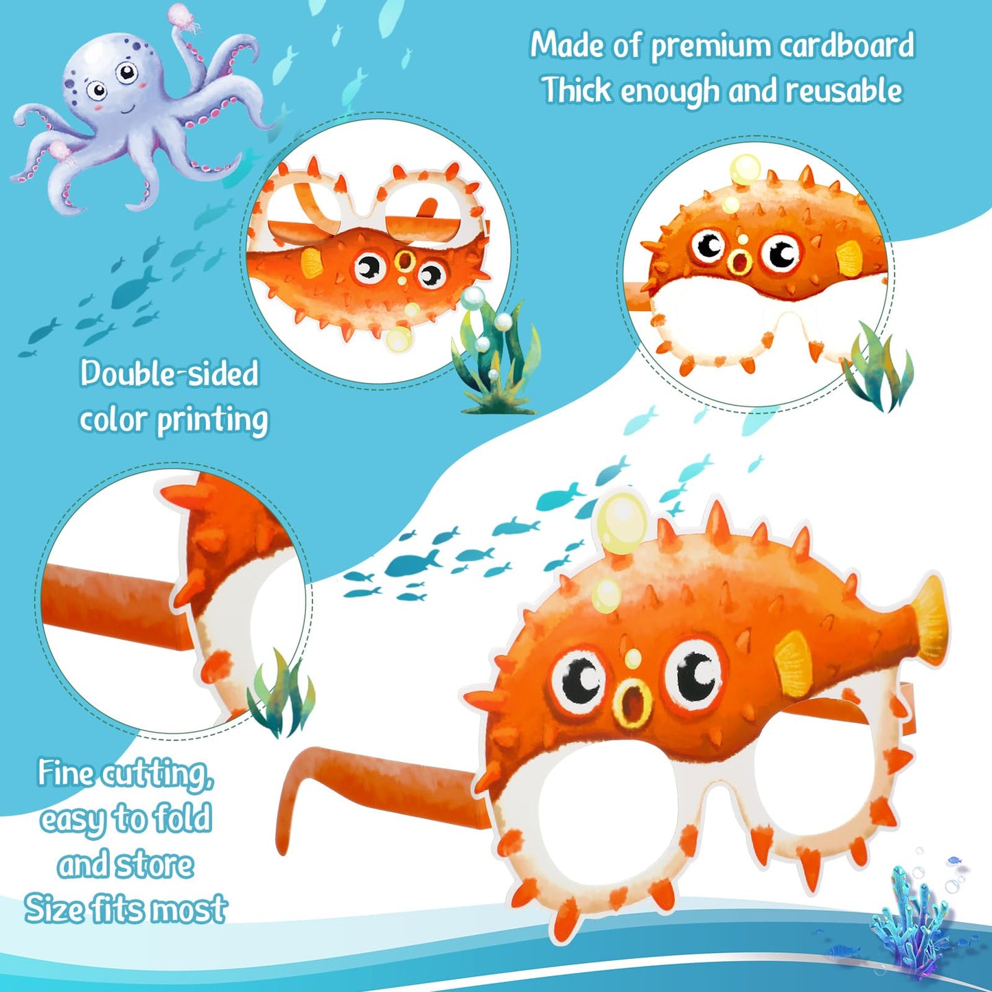 Harloon 36 Pcs Sea Animal Party Favors Under Ocean Paper Glasses Ocean Animal Photo Props For Fishing Birthday Party Supplies (W