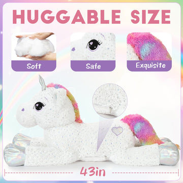Tezituor 43in White Unicorn Plush Toy - Embroidered Eyes, Rainbow Tail, Sequins, Ideal Gift for Kids