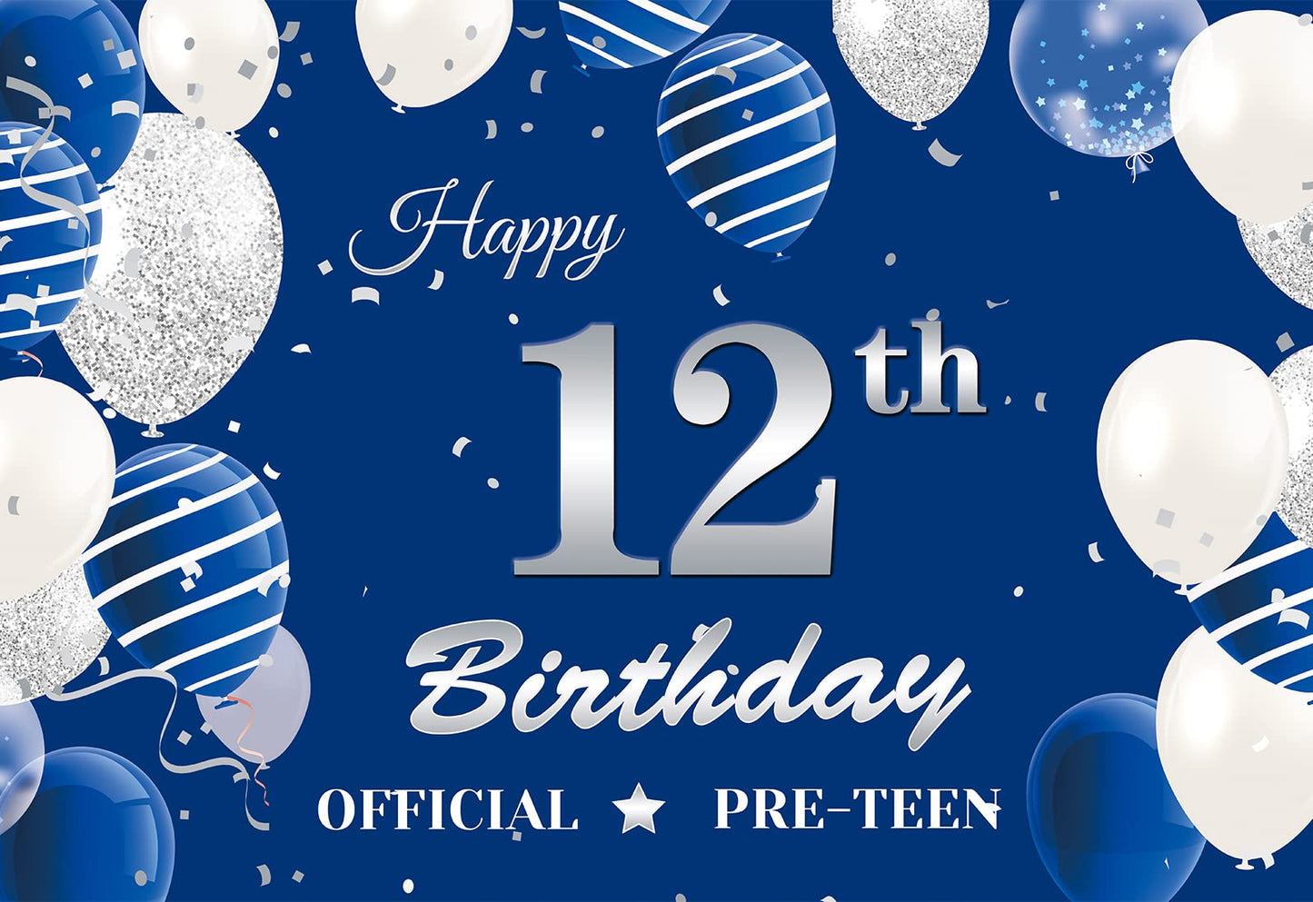 12Th Birthday Backdrop Banner, Navy Blue Silver Official Pre-Teen 12Th Birthday Photography Background, 12 Years Old Boys Birthd