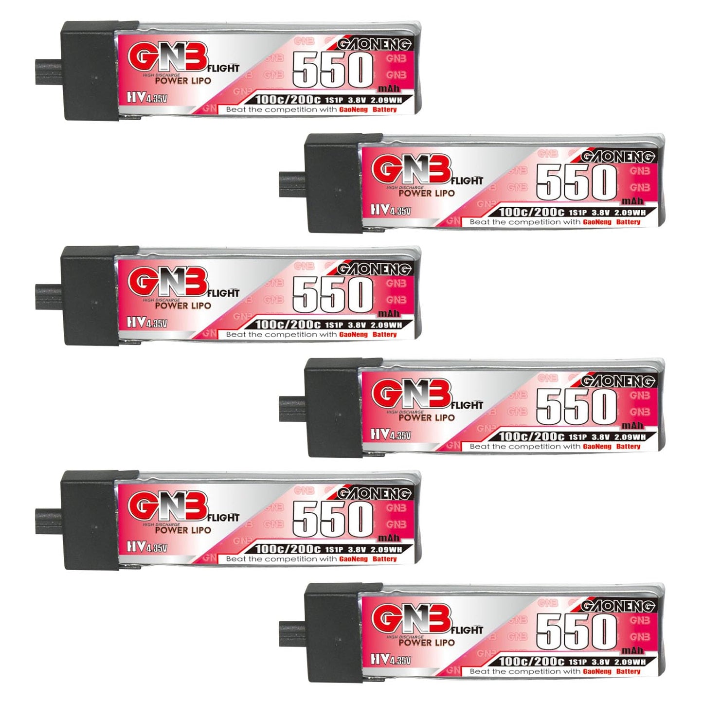 GAONENG 6pcs GNB 1S LiPo 3.8V HV 100C 550mAh LiPo Battery with Plastic Head A30 Connetor for Inductrix FPV Racing Drone