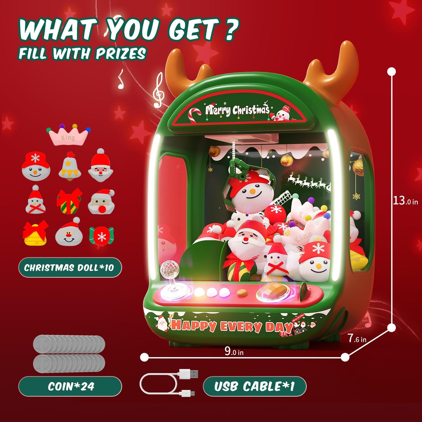 Christmas Claw Machine for Kids, Holiday Toys for Girls Age 6+, Mini Arcade Game Vending Machine with Plush Toys and Candy Dispe