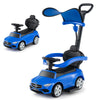 Costzon Push Car for Toddlers 3 in 1 Mercedes Benz Stroller Sliding Walking Car w/Canopy Handle Safety Bar Horn Sound Underneath Storage Foot-to-Floor Ride On Toy for Boys & Girls (Blue)
