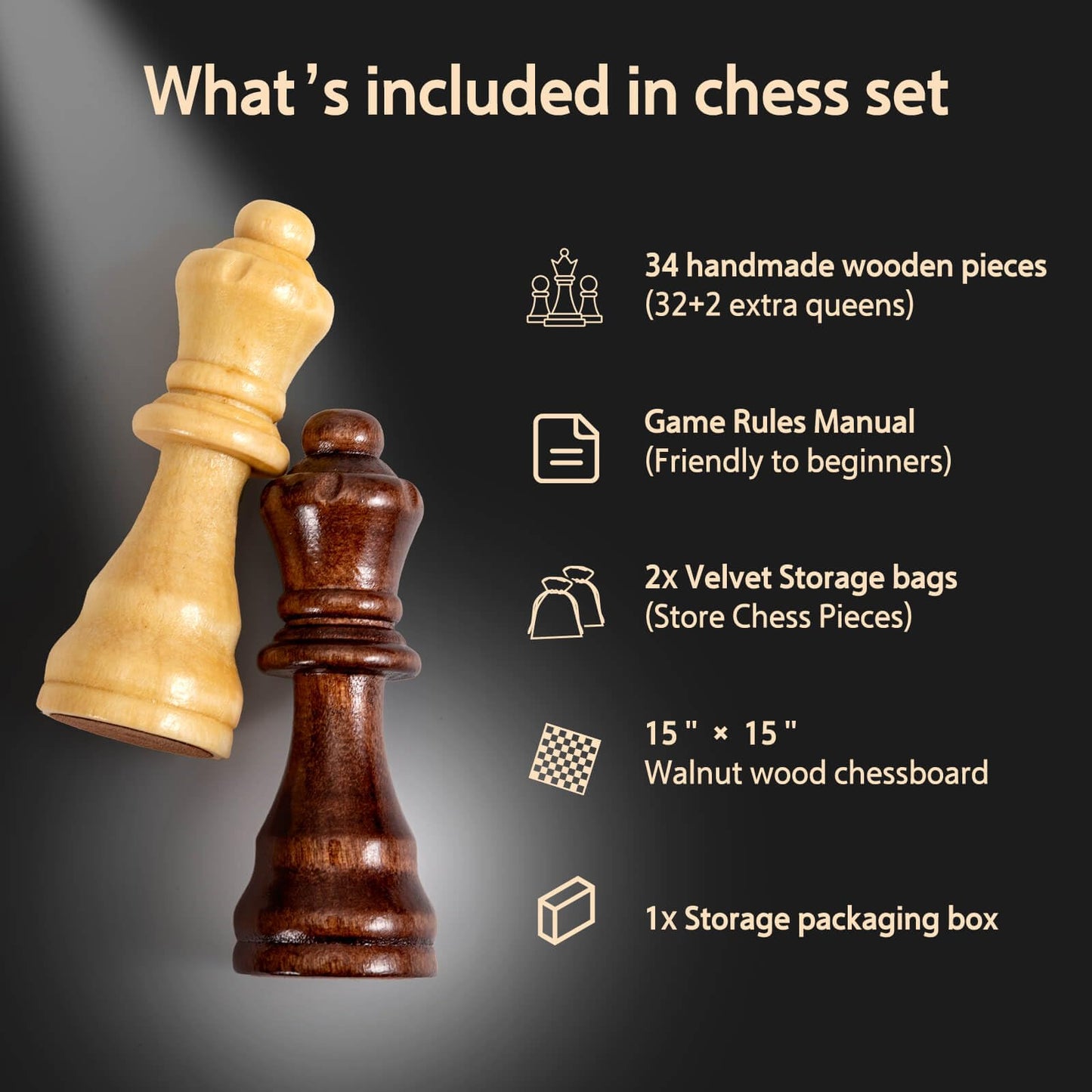Chess Set Board Games For Adults: Handmade Walnut Wooden 15' 2 Extra Queens Folding Portable Travel Gift Idea Pieces Storage Bags Instructions