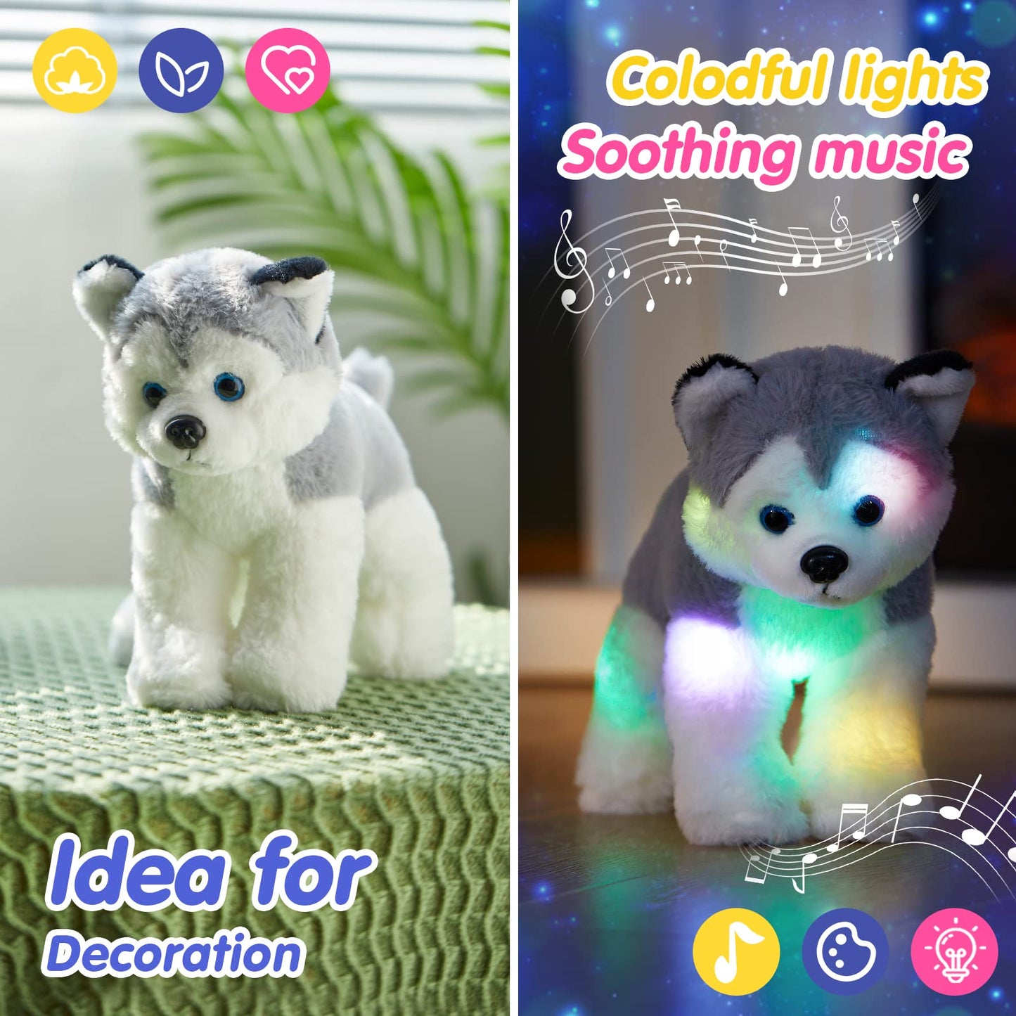 BSTAOFY 12 Musical Light up Husky Puppy Stuffed Animal Realistic LED Singing Dog Soft Plush Toy with Night Lights Glow in The Da