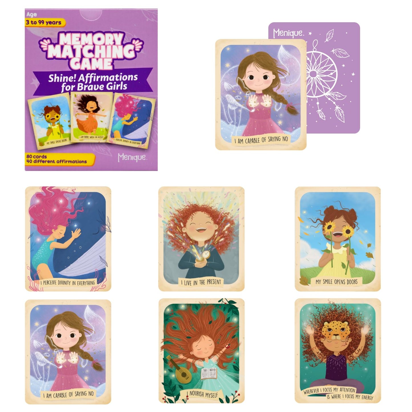 Menique Shine Memory Matching Game - 80 Cards (40 Pairs) with Positive Affirmations for Brave Girls - Motivational & Mindful Mat