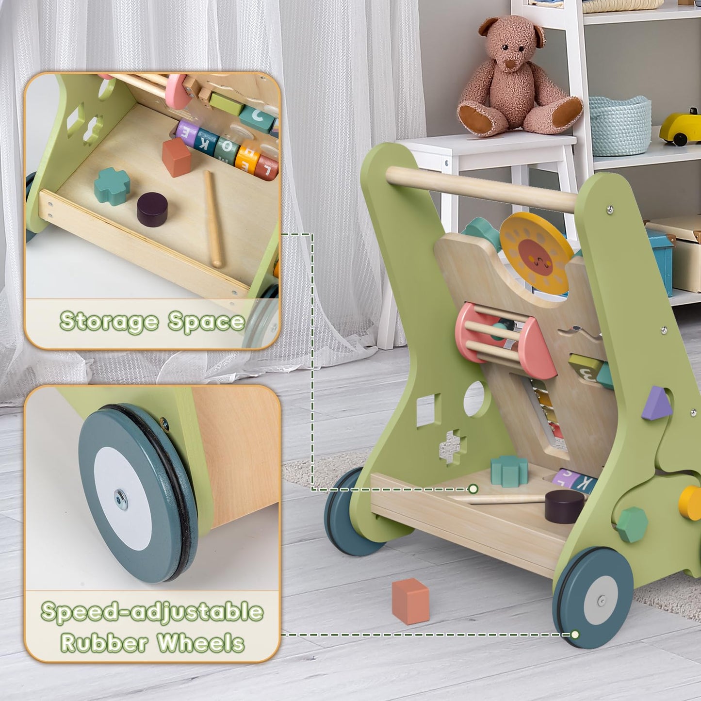 Bautia Wooden Baby Walker, Montessori Walker For Babies 6-12 Months, Push Walking Toys For 1 Year Old Learning To Walk