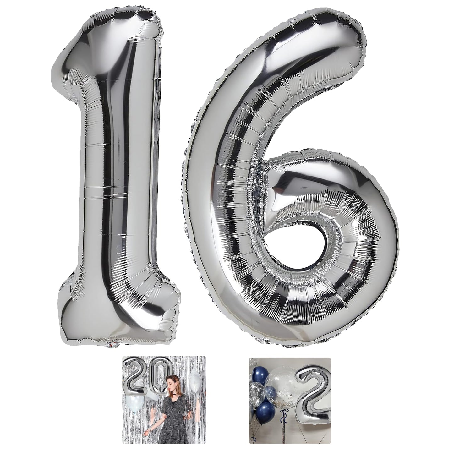16 Number Balloon Silver 40 Inch Big Foil Mylar 16Th Balloons For 16 Year Old Boy Girl Birthday Party Decorations Wedding Annive
