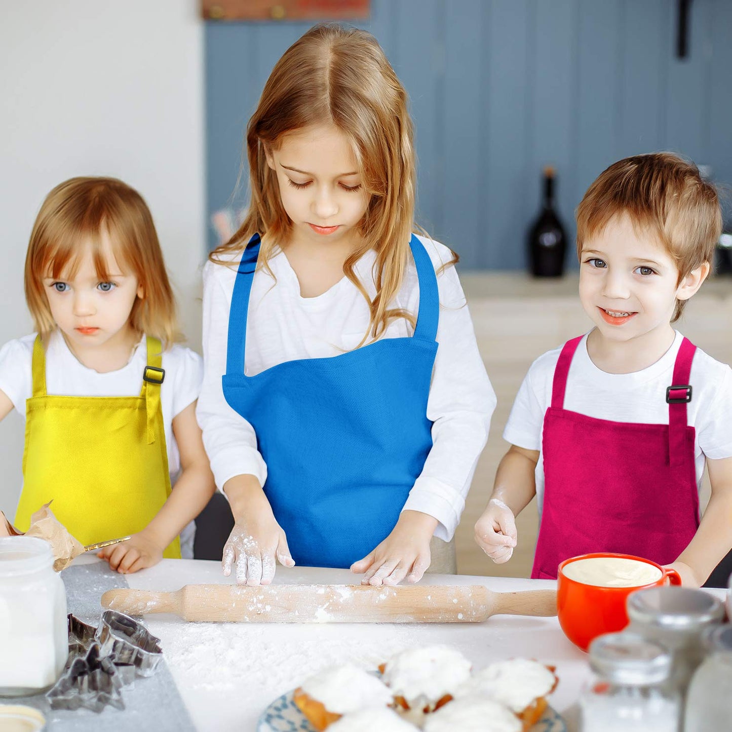 Yaomiao 4 Pieces Kids Apron With Pocket Children Adjustable Chef Apron For Cooking Baking Painting (Rose Red, Yellow, Blue, Purple,M For 7-13 Age)
