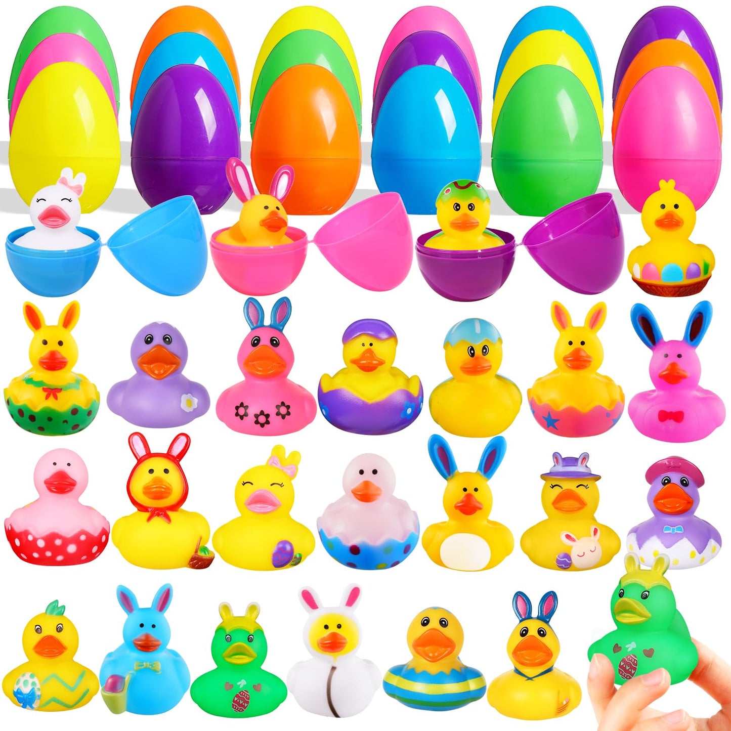 Anggiko 24 Pack Easter Rubber Ducks Bulk With Easter Eggs, Easter Party Favors Easter Basket Stuffer Supplies Goodie Bag Fillers