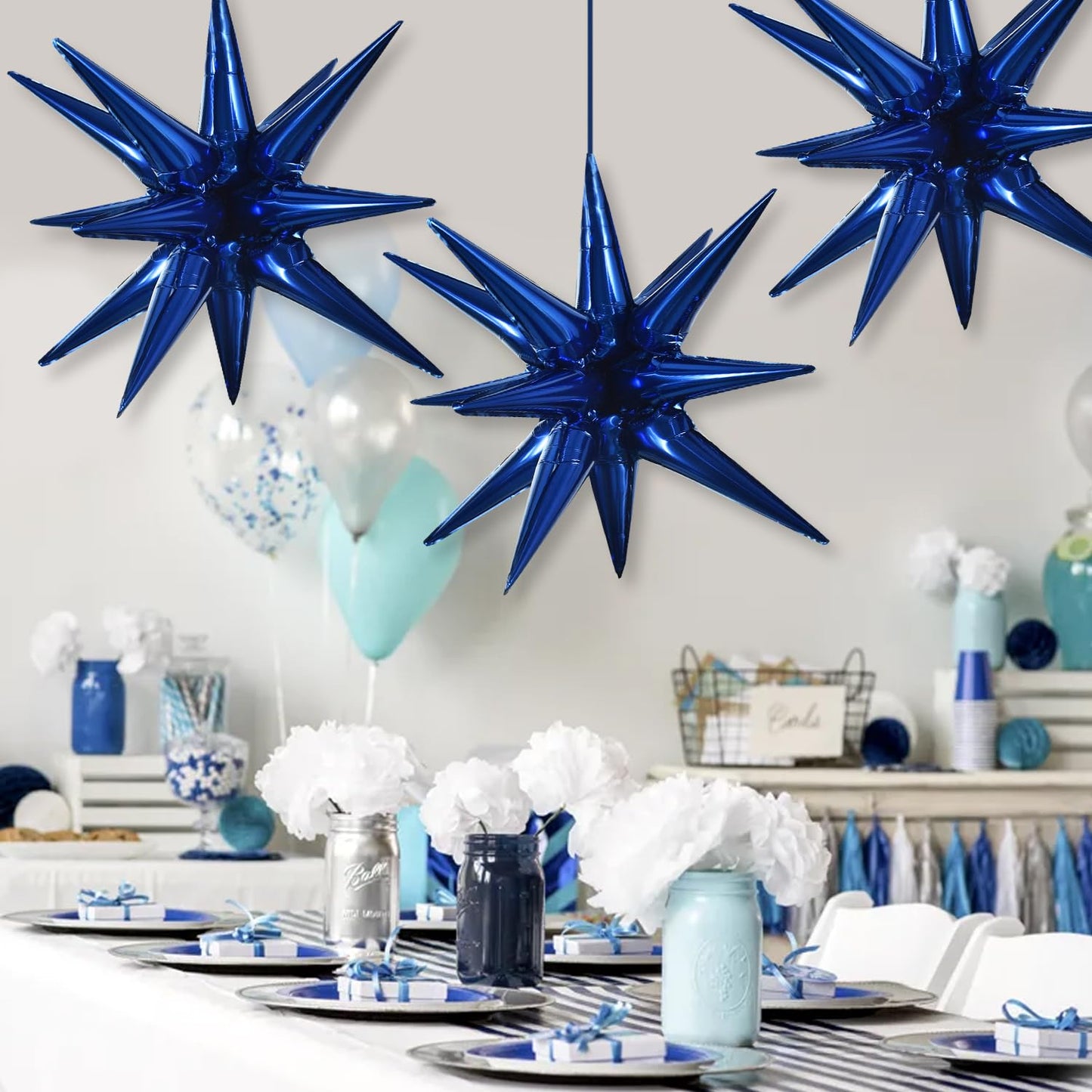 Toniful 4 Pcs 22Inch 4D Navy Blue Explosion Star Mylar Balloons 14Point Star Balloons For Party Backdrop Christmas,New Year Birt