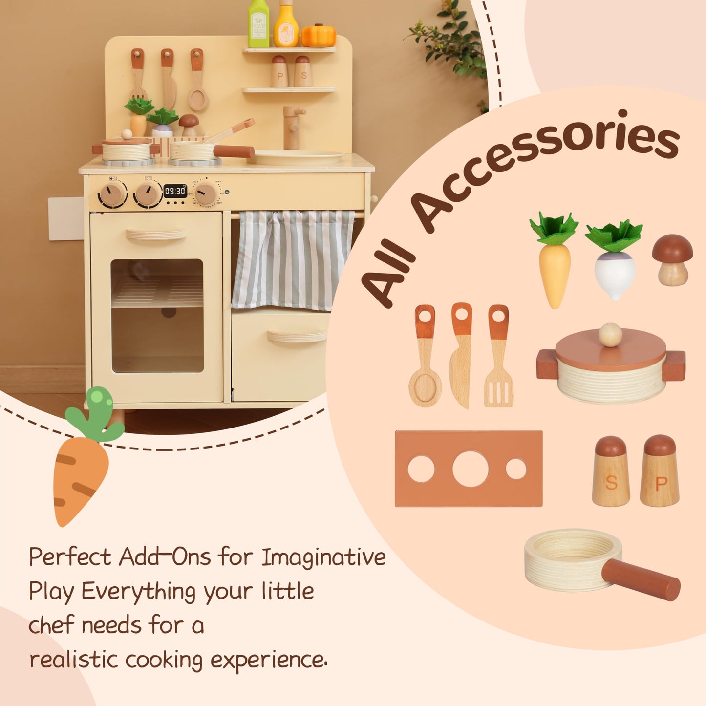Leeshyah Play Kitchen for Kids, Classic Wooden Kitchen Playset with Food Accessories Set Ideal for Creative Pretend Play, Suitab