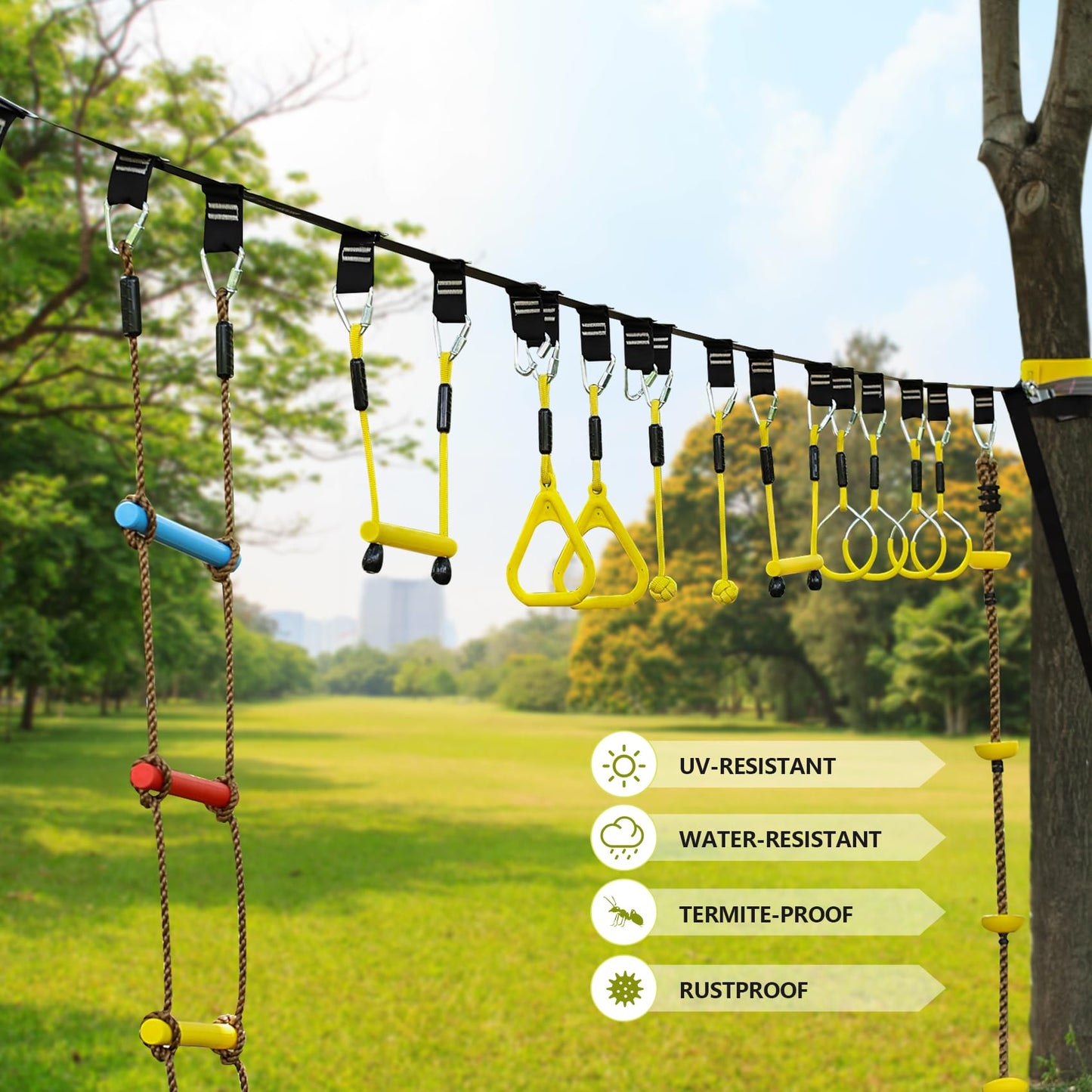 Ninja Line 2X65Ft Ninja Warrior Obstacle Course For Kids - Ninja Slackline With 14 Obstacles - Ninja Course For Kids With Swing,