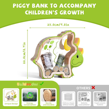 Wooden Dinosaur Triceratops Piggy Bank for Kids Money Coin Bank, Unbreakable Piggy Bank DIY Personalizable Kids Safe Money Box w