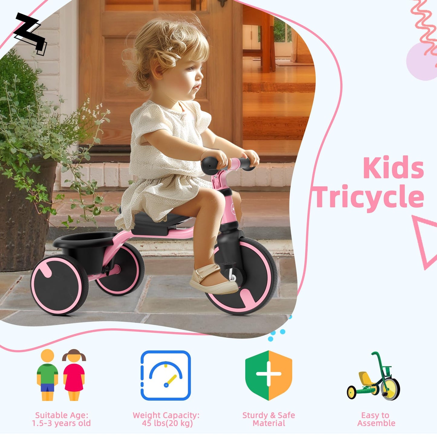 67i Toddler Tricycle Kids Tricycle for Toddlers 1.5+ Years Olds Boys Girls Kids Trikes Tricycle Toddlers Kids Baby Bikes for 18