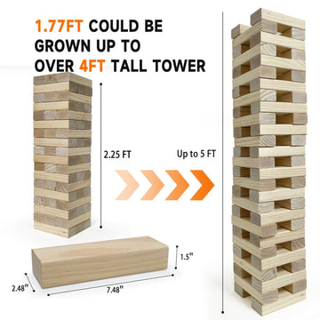Nattork Giant Tumbling Tower (Stack From 2.16Ft To 5+ Ft), Wood Stacking Giant Blocks Game| Made From Premium Pine Wood| Ideal F