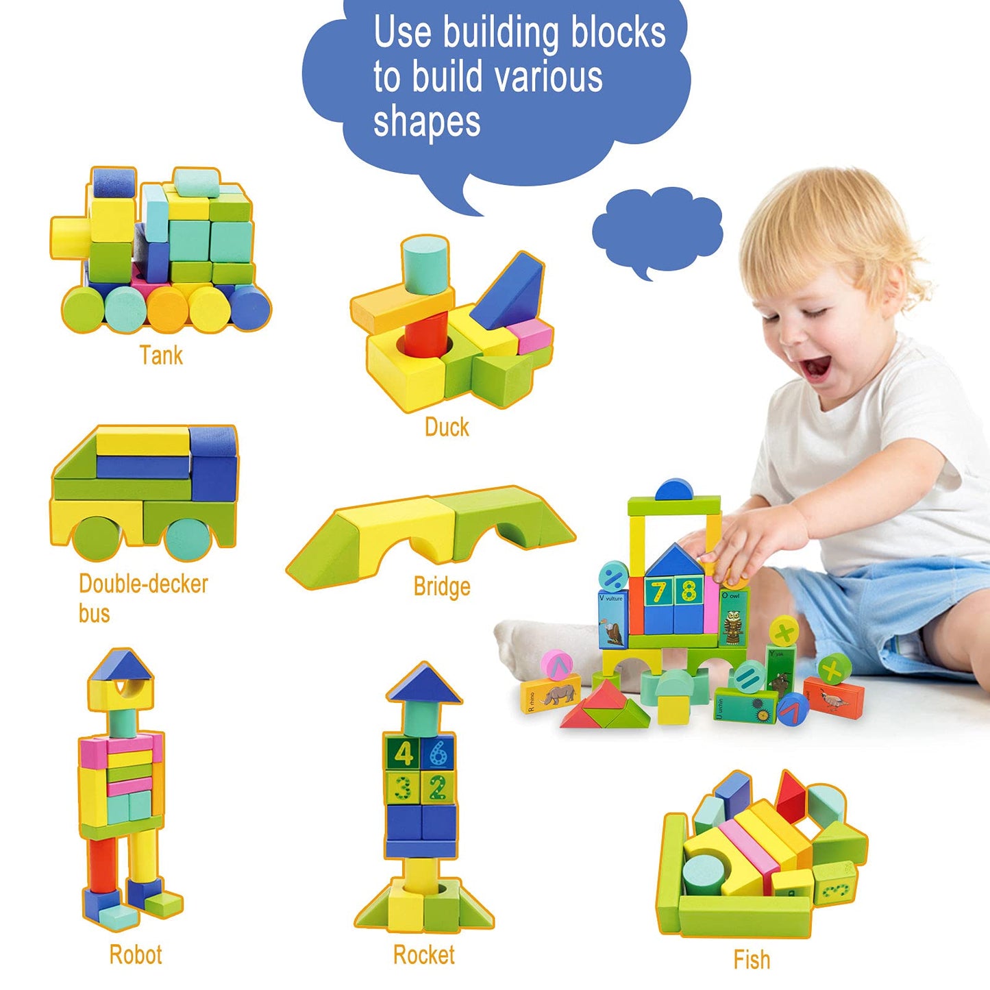 Auryee Wooden Building Blocks Toys 60 Pcs Toddler Stacking Toys Pre-School Learning Educational Toy For Kids | Baby | Boys | Girls Age 3 4 5 6 7 8 Year Old