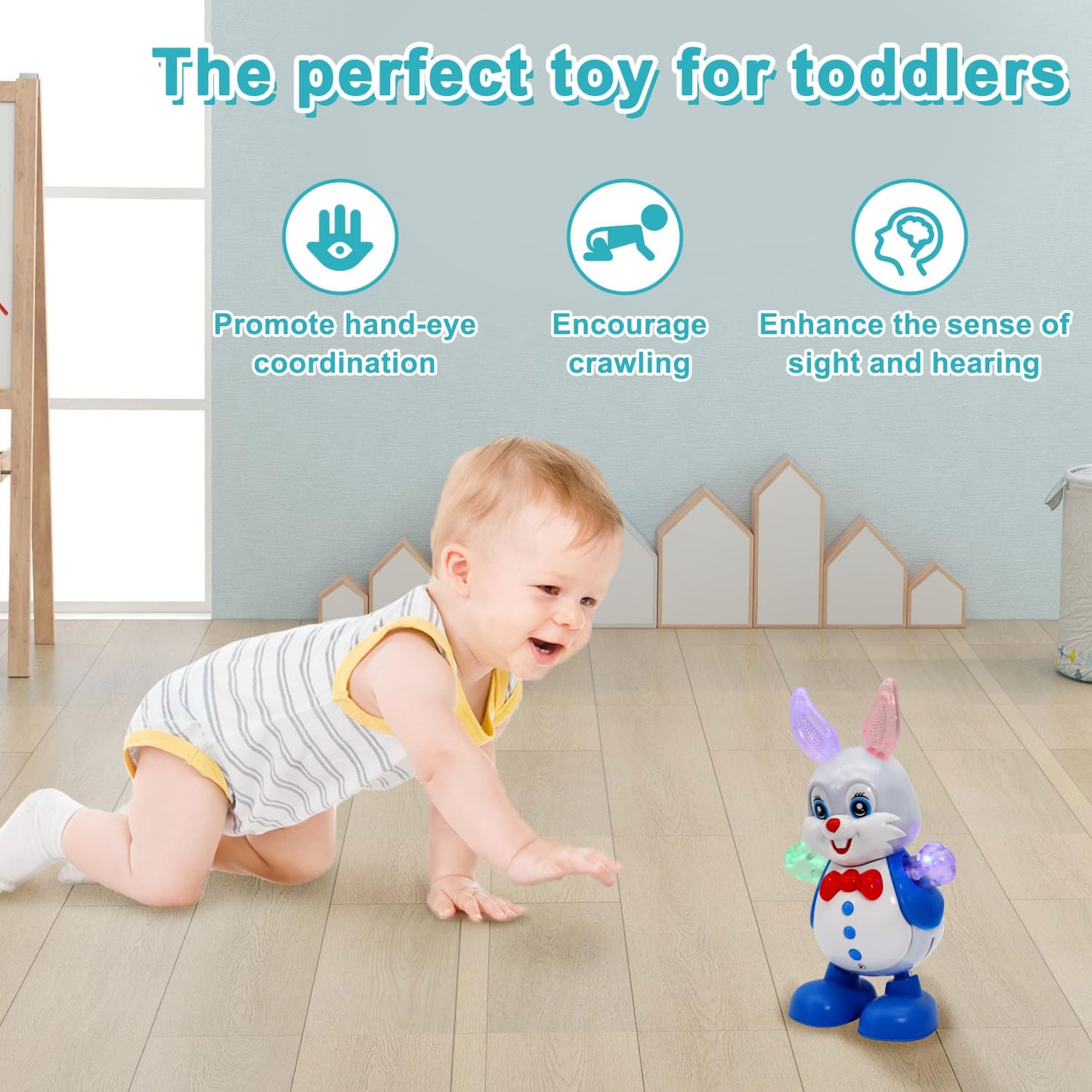 Mayaphilos Bunny Dancing Music Toy With Lights, Crawling Toy Light Up Music, Fun Moving Musical Toy For Toddlers Chirsmas Birthd