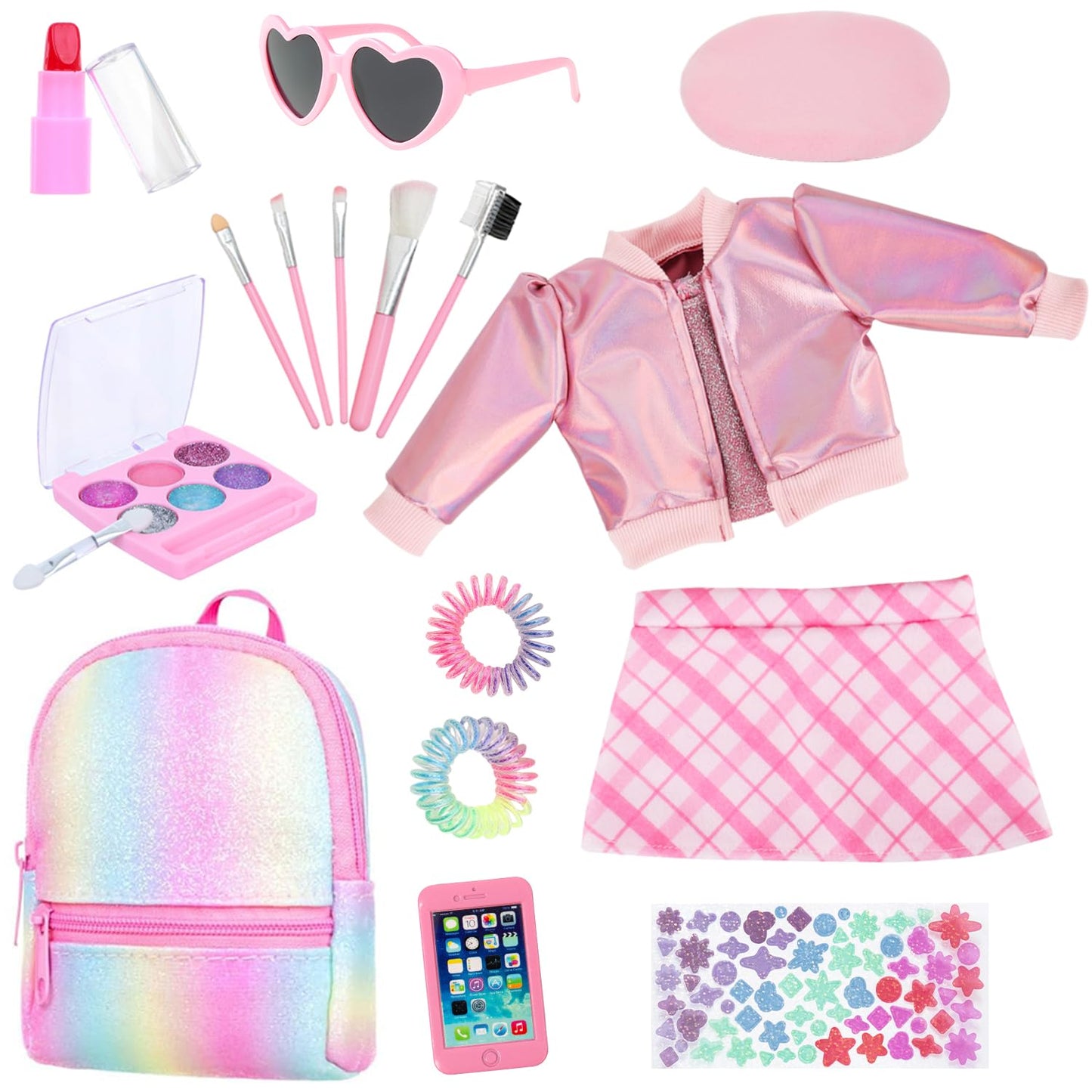 Ecore Fun 17-Piece 18 Inch Doll Accessories Cosmetic Set With Backpack & Outfits | Pretend Play Makeup Kit For 18'' Dolls | Incl