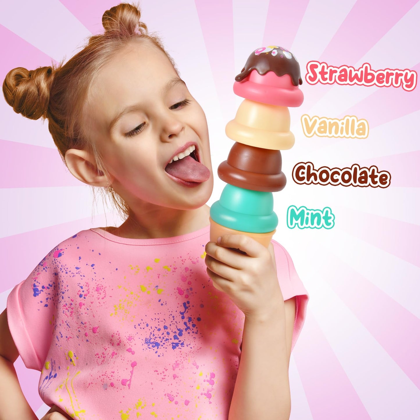 G.C Ice Cream Toys for Kids Toddlers 3-5, 42pcs Ice Cream Cart with Storage Trolley Pretend Play Food, Stack Scoop Serve Sweet T