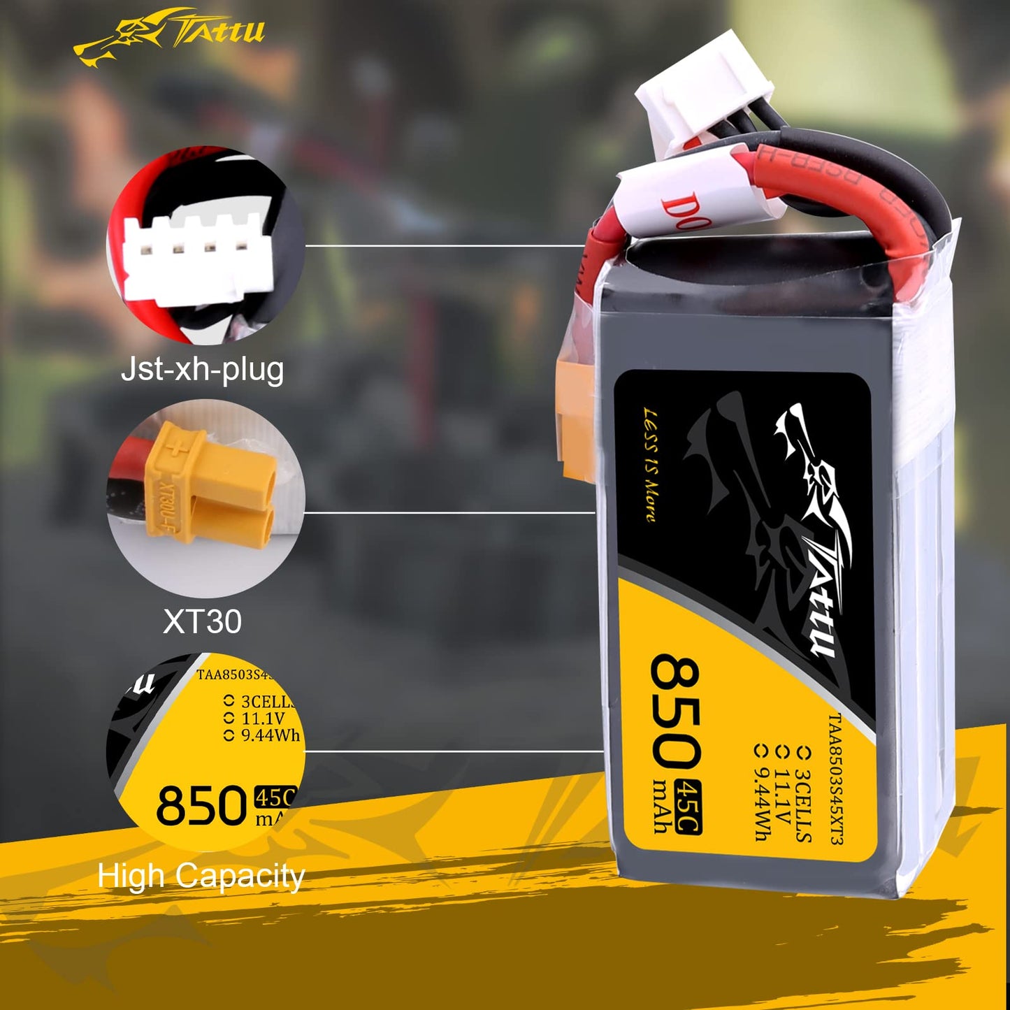 TATTU 850mAh 11.1V 45C 3S LiPo Battery Pack with XT30 Plug for Multirotor FPV 150 180 Size Quadcopter
