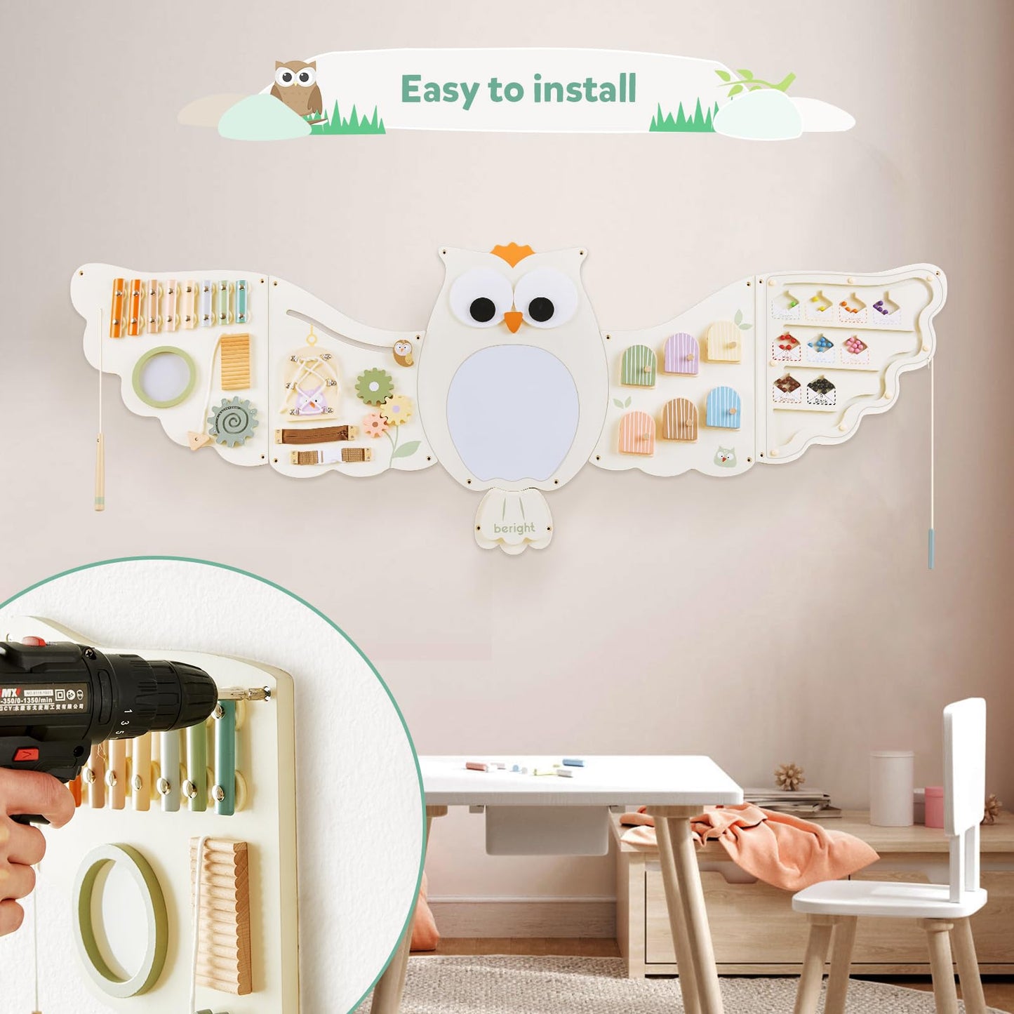 Beright Owl Activity Wall Busy Board Panels, Montessori Sensory Toys, Toddler Learning Activity Center, Perfect For Toddler Playroom & Children'S Daycare, White