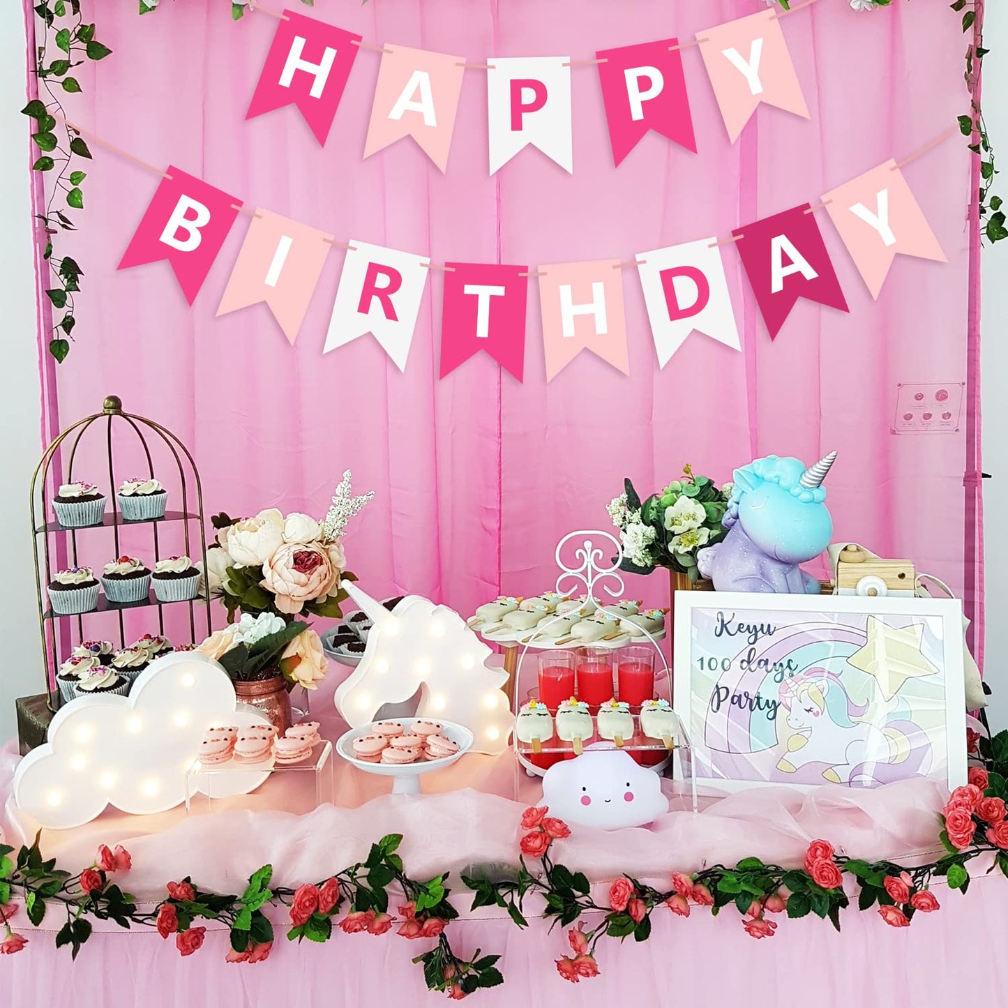 Eaezerav Pink Happy Birthday Banner - Paper Bunting Garland for Princess Party Decorations, Wall Hanging Supplies