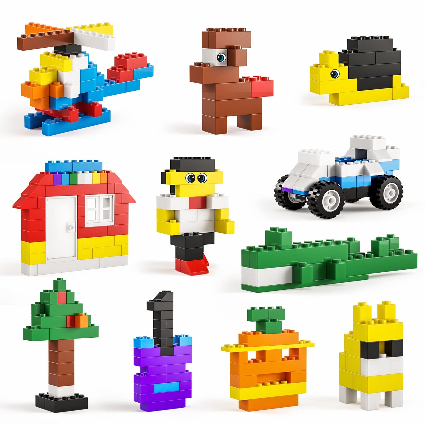 Building Bricks 1020 Pieces Set, 1000 Basic Building Blocks In 17 Fun Shapes Includes Wheels, Door, Window, Bulk Block With Storage Box, Handle And Base Plate, Compatible Block Construction Toys