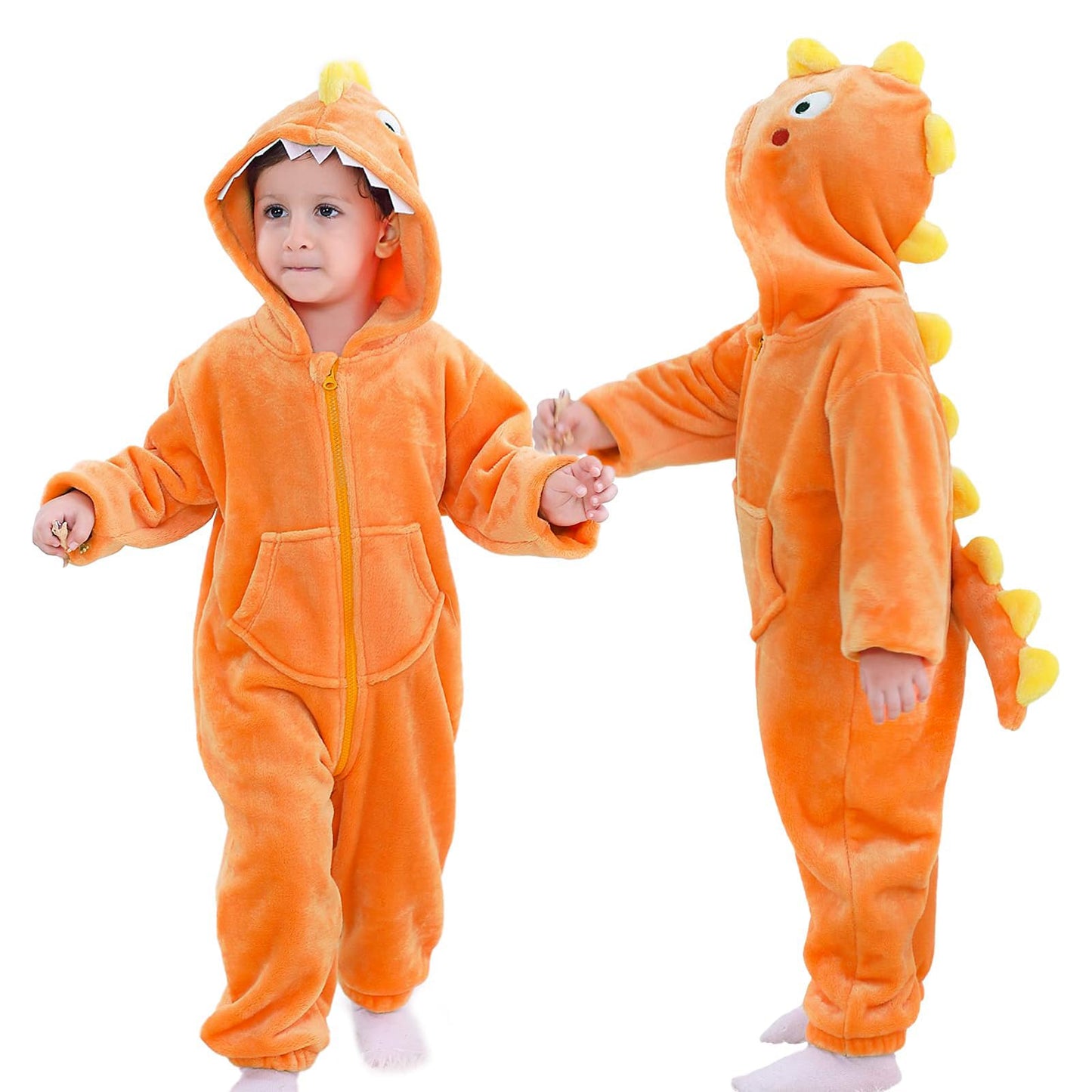Lolanta Boys Girls Dinosaur Costume Jumpsuits Soft Halloween Animal One-Piece Kids Birthday Christmas Gift (Orange, 4-6 Years)