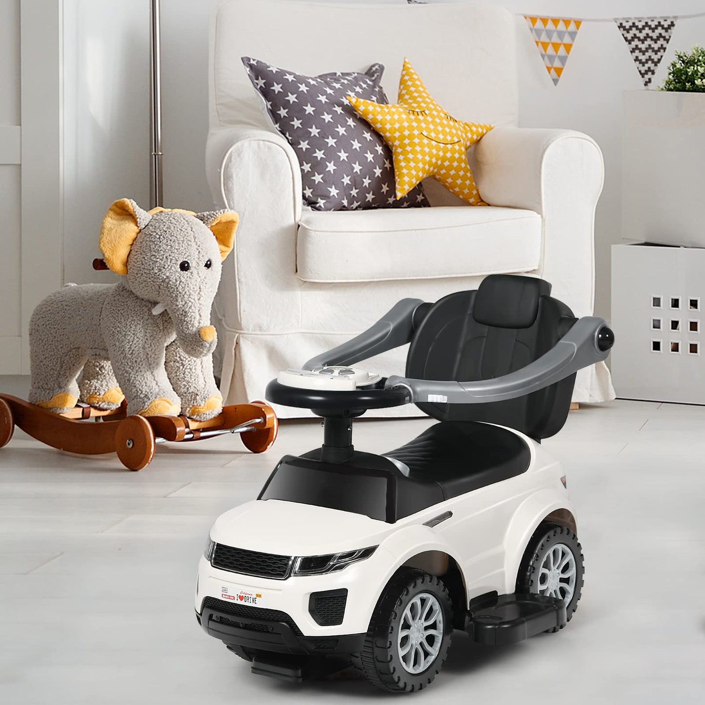 HONEY JOY Ride On Push Car for Toddlers, Large White, Polypropylene, Sound & Lights, Detachable Guardrail, Under Seat Storage