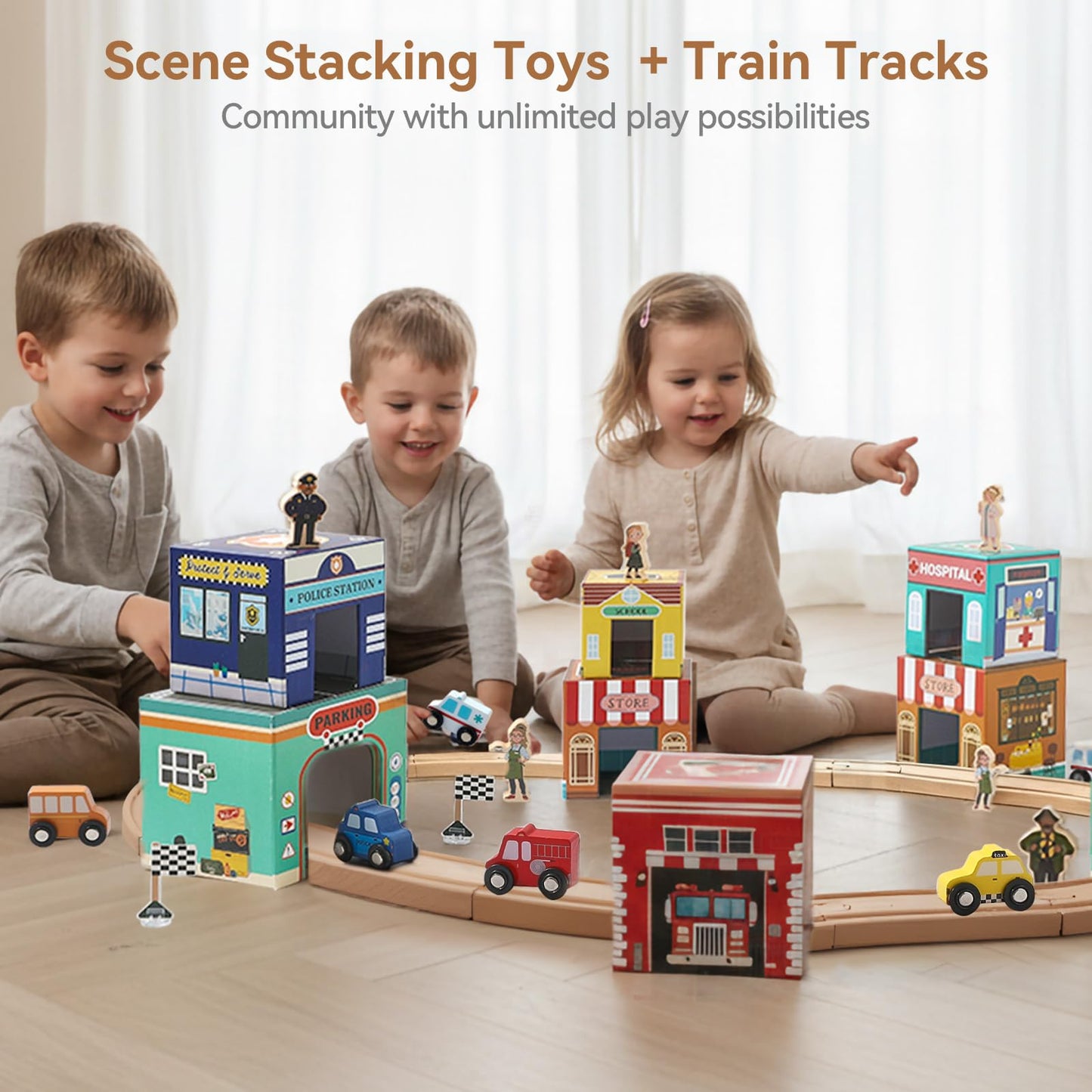 3-in-1 Sorting and Stacking Toys for Toddlers | Wooden Community Helpers Nesting Boxes & Vehicle Track | Montessori Preschool Learning Toys Gift for 2 3 4 Year Old Boys Girls