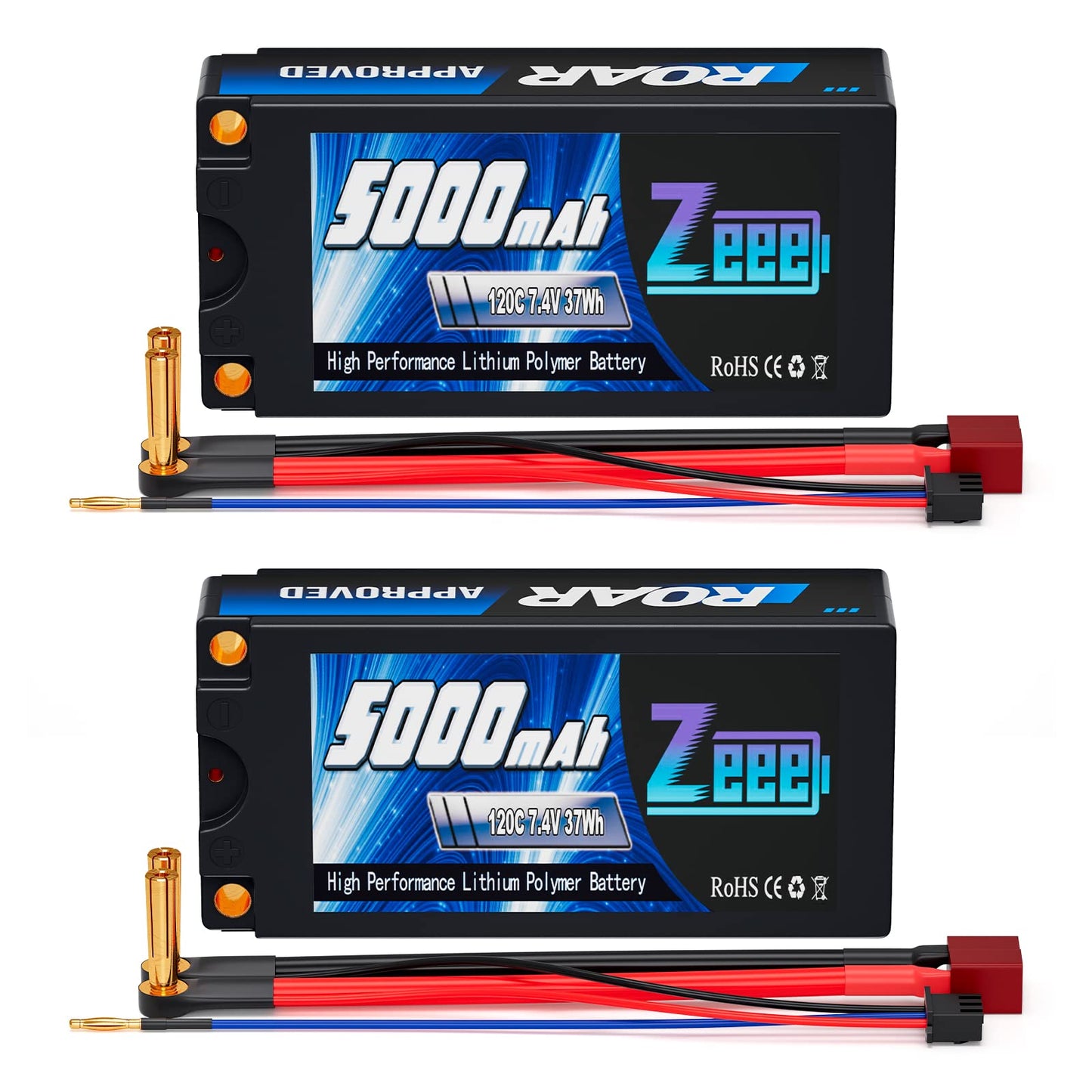Zeee 2S Shorty Lipo Battery 5000mAh (Roar Approved) 7.4V 120C with 5mm Bullet to Deans Connector Hard Case Battery for 1/10 Scal
