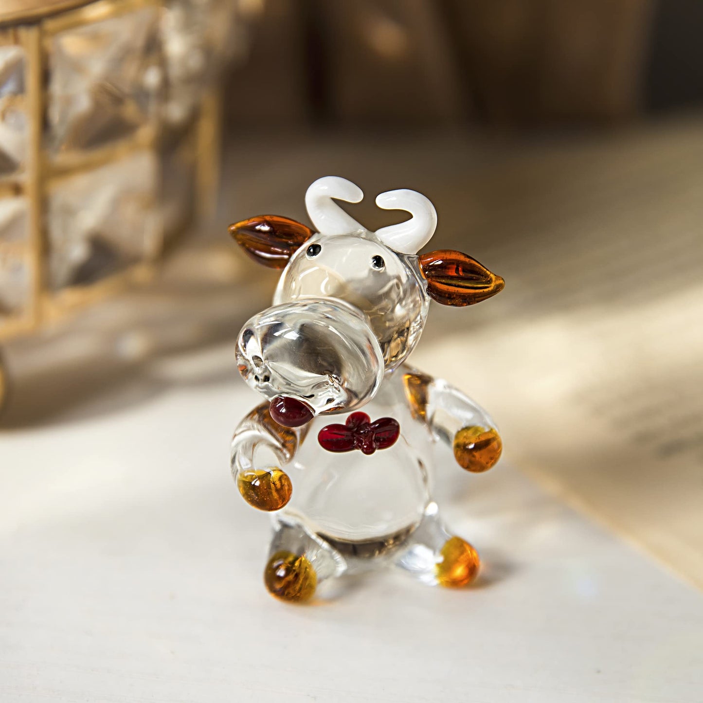 Qfkris Mini Cow Sculpture Hand Blown Glass Animal Art Farm Figurine Animals Miniature Collectible Decor (Blown)