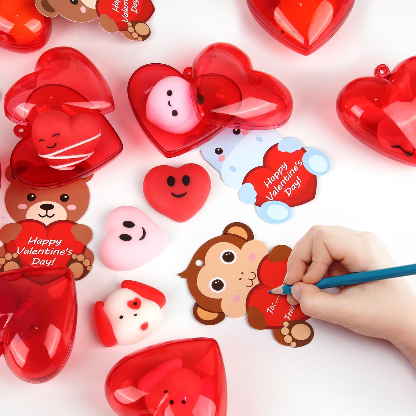 28 Pack Valentine Mochi Squishies Toys and Valentine Cards for Kids, Animal Mochi Squishies Filled Hearts, Kawaii Squishies Stre