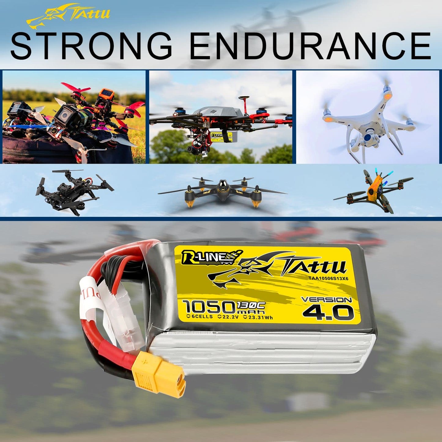 TATTU 6S Lipo Battery R-Line Version 4.0 1050mAh 22.2V 130C Lipo Battery Pack with XT60 Plug for Professional FPV Racing Competi