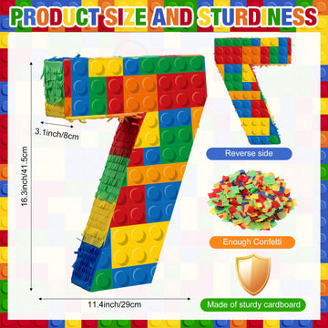 RoundFunny Number 7 Building Blocks Piata 16.5 Inch Piata Party Supplies 7th Birthday Party Decorations Piata with Confetti Bloc
