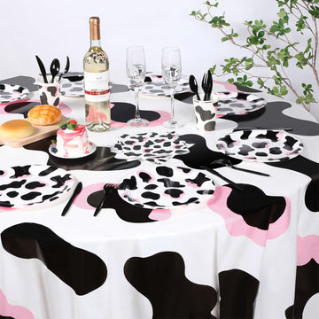Oudain 3 Pcs Pink Cowgirl Cow Themed Table Cover Plastic Round Cow Themed Tablecloth 84 Inch Farm Animal Tablecloth Disposable B