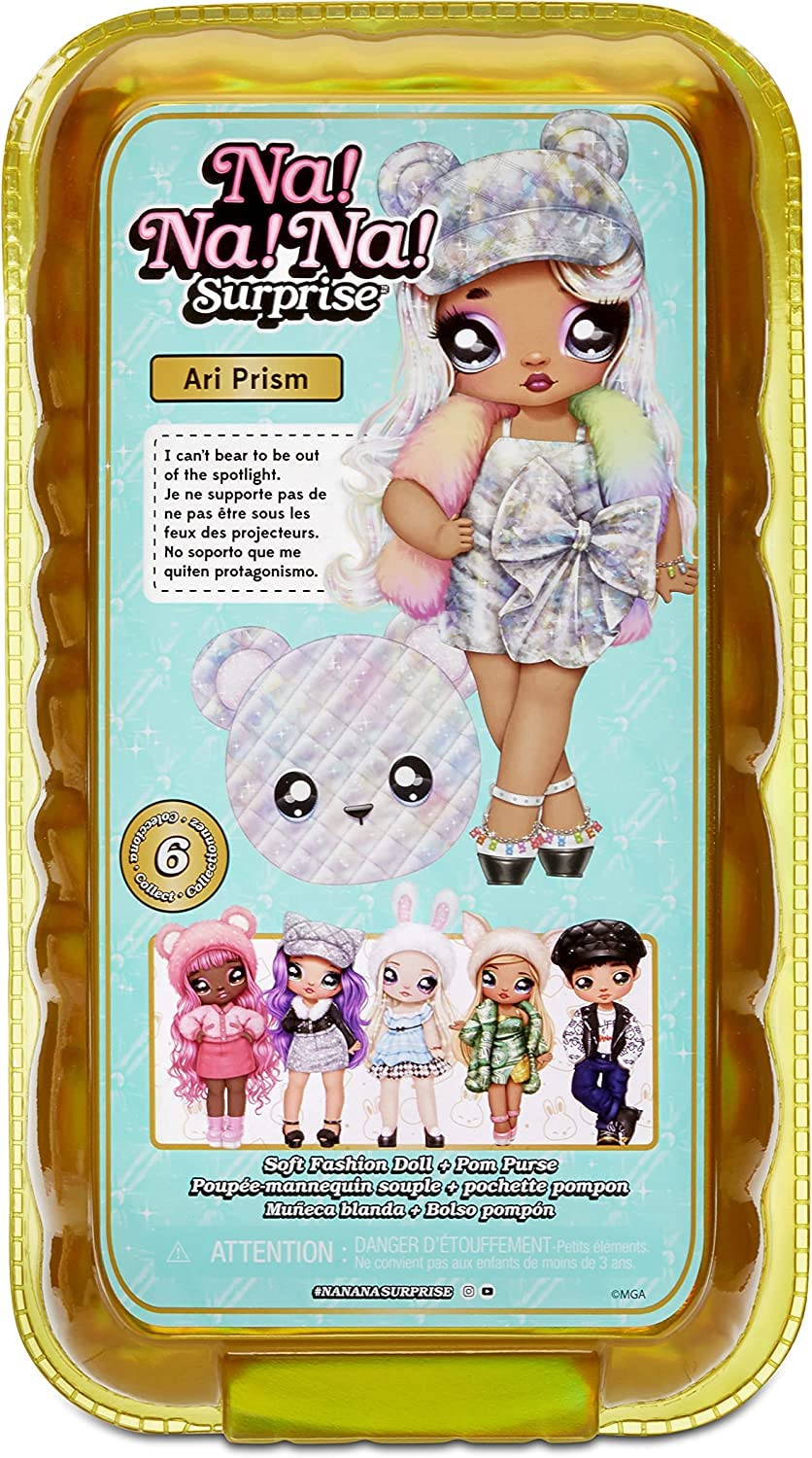 Na Na Na Surprise Glam Series Ari Prism Fashion Doll & Metallic Teddy Bear Purse, Cute Hat, Prismatic Silver Dress Outfit & Acce