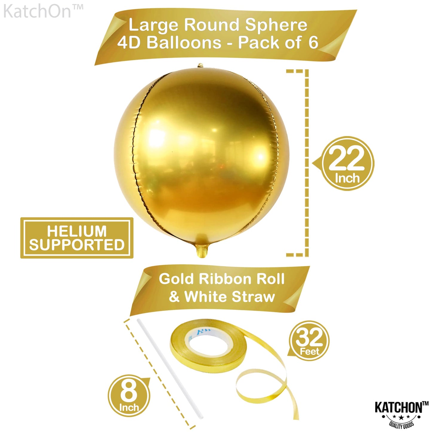 Huge, Gold Foil Balloon Set - Pack Of 6, 22 Inch | 360 Degree 4D Round Gold Foil Balloons For Gold Party Decorations | Large Gold Balloons For Graduation Party Decorations 2023 | Bachelorette Décor
