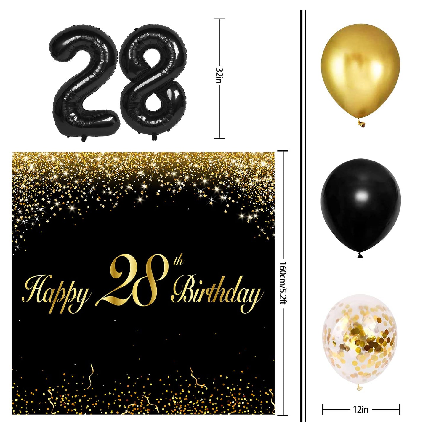 Happy 28Th Birthday Balloons Black Set Decor - Cheers To 28 Years Old Party Theme Garland Banner Backdrop Decorations For Women