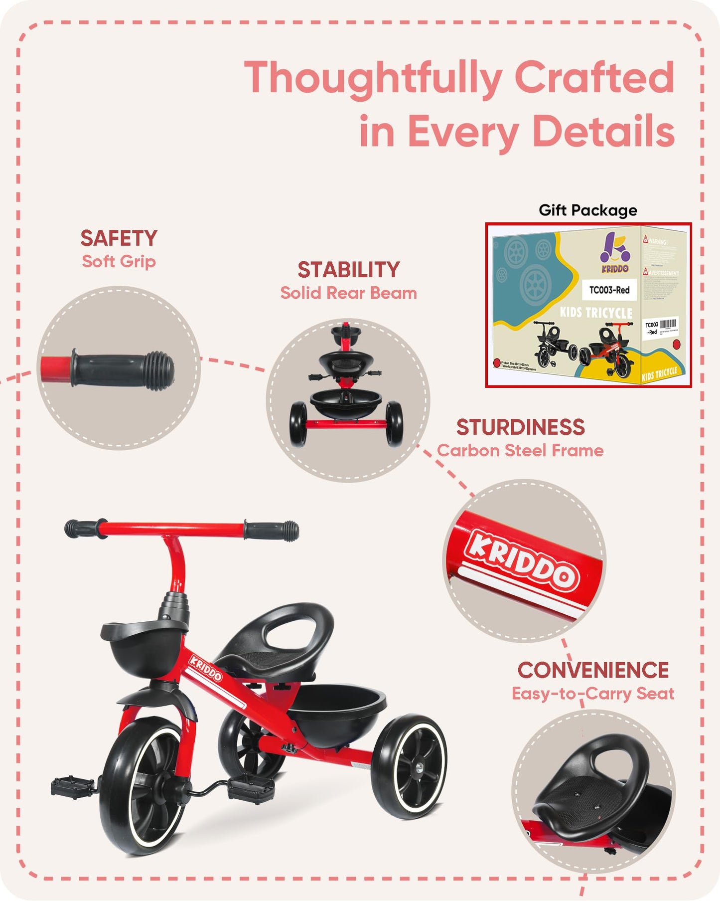 KRIDDO Kids Tricycles Age 24 Month to 4 Years, Trike for 2.5 to 5 Year Old, Gift Tricycles for 2-4 Year Olds, Trikes for Toddler