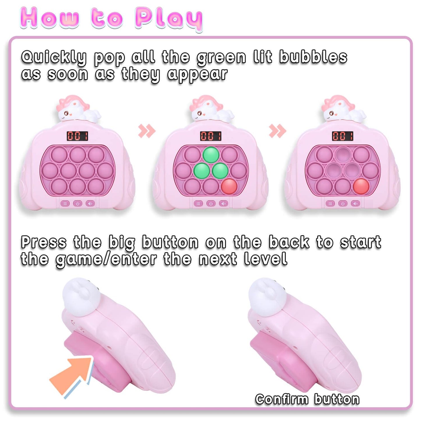 HLXY Quick Push Pop Game - LED Light Up Bubble Fidget Toy, Medium Size, Pink, Perfect Christmas Gift for Kids Ages 6-12