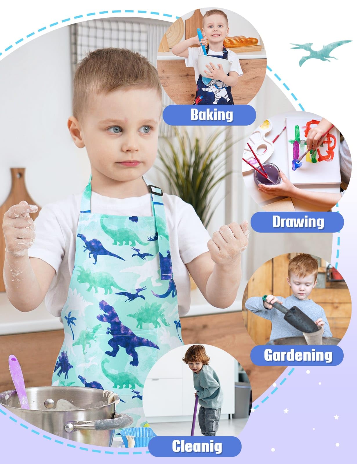 Wernnsai 2 Pack Kids Aprons - Dinosaur Kids Art Aprons For Boys Waterproof Toddler Chef Aprons Cooking Baking Painting Gardening Apron For Kids With Pocket Kitchen Classroom Art Smocks Age 2-5 Years