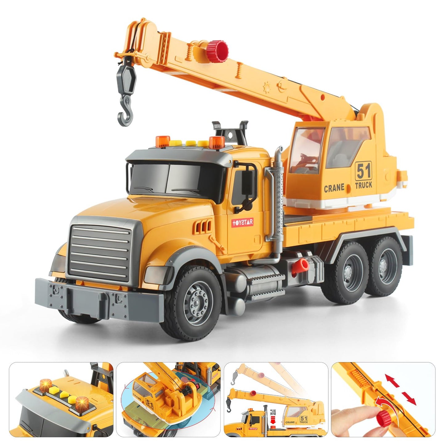 ANJARU 15 Construction Crane Truck Lights Sounds Toys with Extending Arm Rotation Various Props Buttons and Lights Sounds for Ki