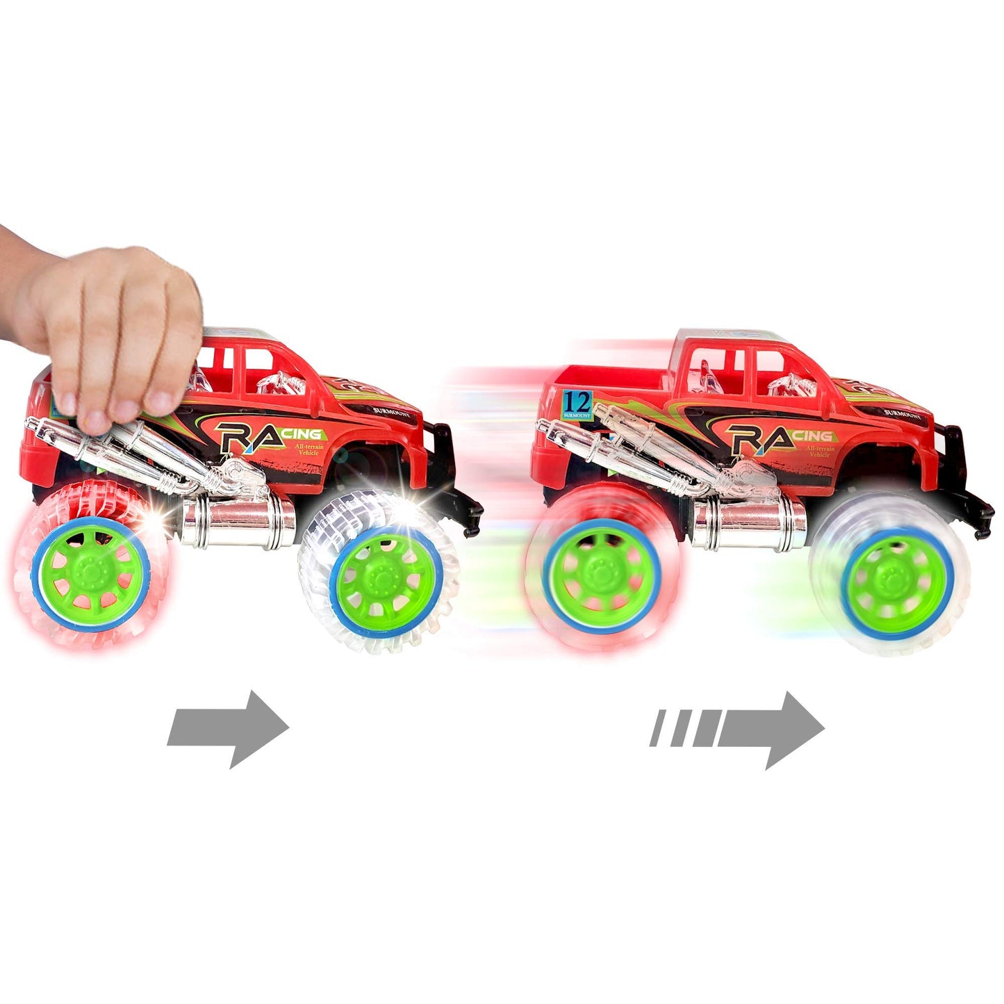 ArtCreativity Light-Up Red Monster Truck with Sounds, 9 Inch Monster Truck with Flashing Wheels and Friction Motor, Push n Go To
