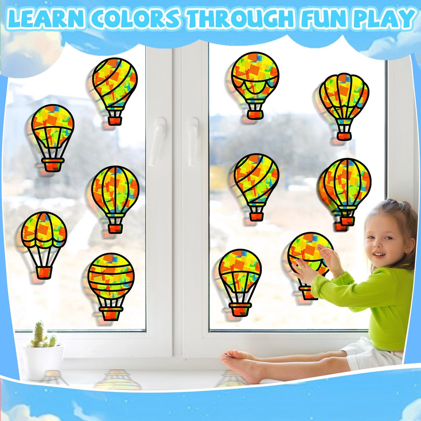 QOUBAI 32 Sets Air Balloons Suncatchers Craft Kit DIY Window Stained Glass Effect Hot Air Balloons VBS Paper Craft Home School C