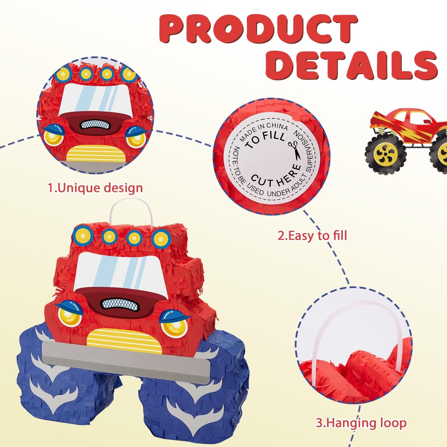 Wernnsai Truck Piñata - Monster Truck Piñata Bundle With Blindfold And Bat For Boys Kids Piñata Theme Party Decoration Supplies Cool Car Piñata For Birthday Party Carnival Celebration Game