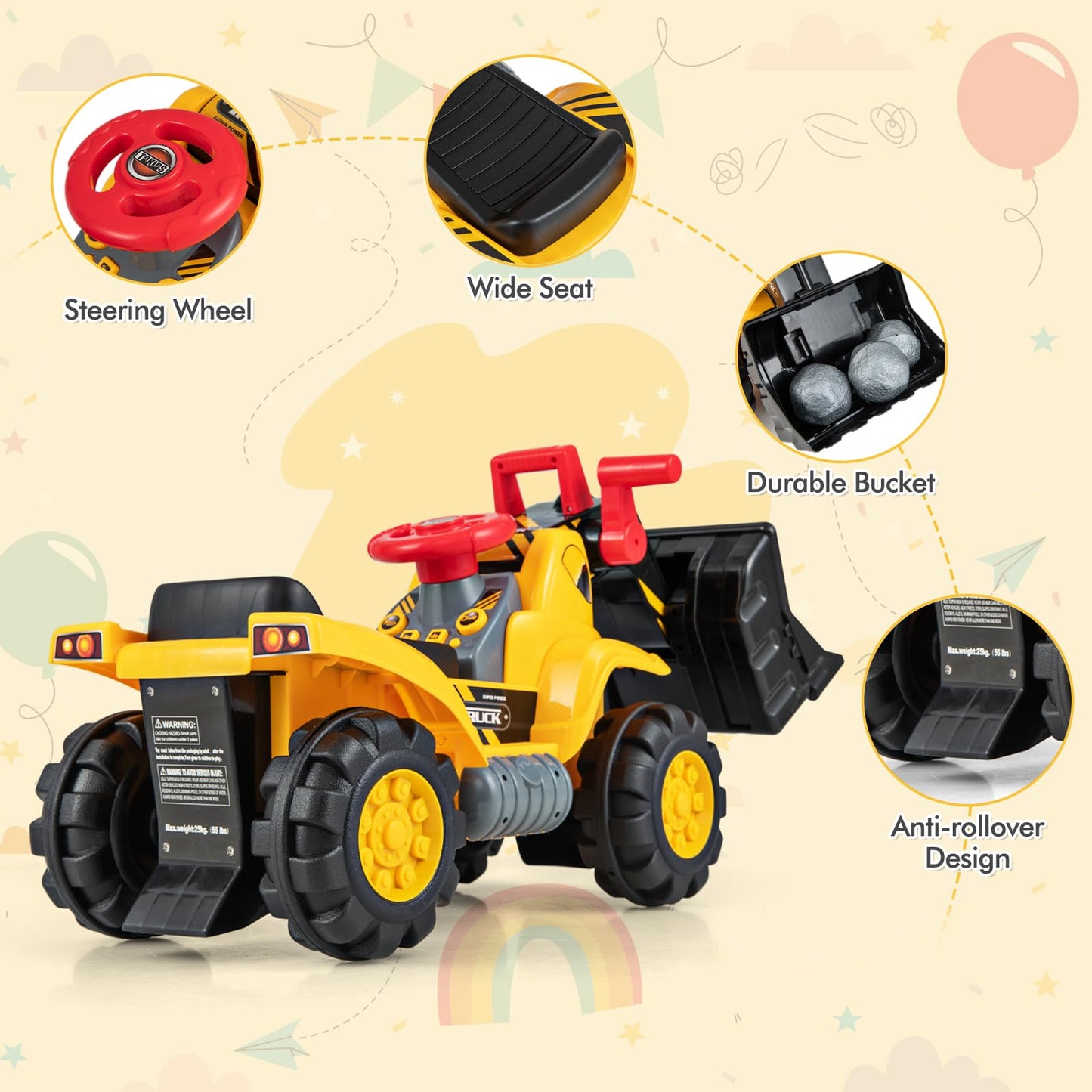 Honey Joy Ride On Excavator, No Power Ride On Construction Vehicles For Kids, Helmet, 3 Toy Rocks, Adjustable Bucket, Horn, Ride On Loader, Bulldozer Ride On Toy, Gift For Boys Girls
