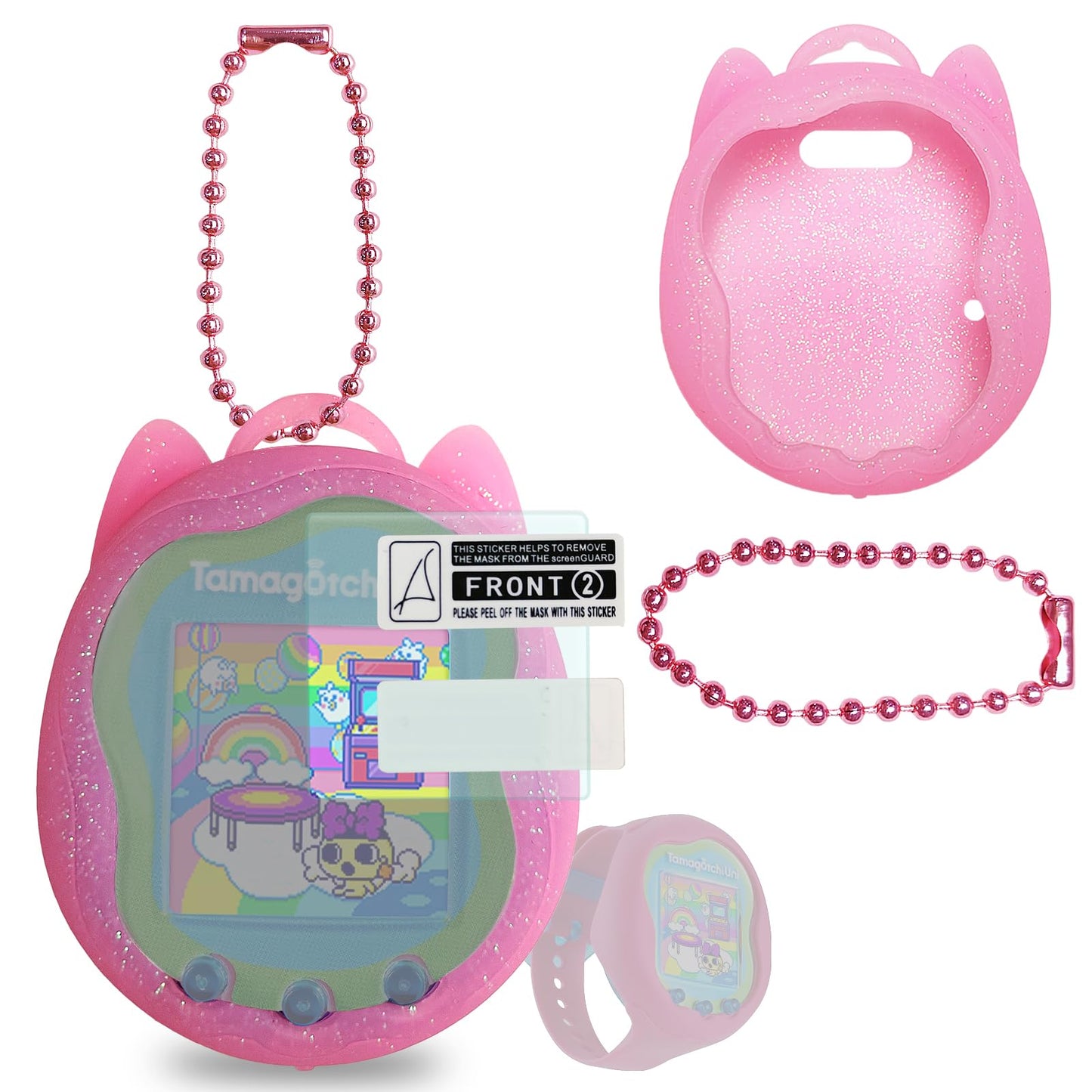 Jchpine Silicone Case Replacement For Tamagotchi Uni, Screen Protector For Tamagotchi Uni Band Pet Accessories(Silicone Case And Screen Film) (Pink Case)