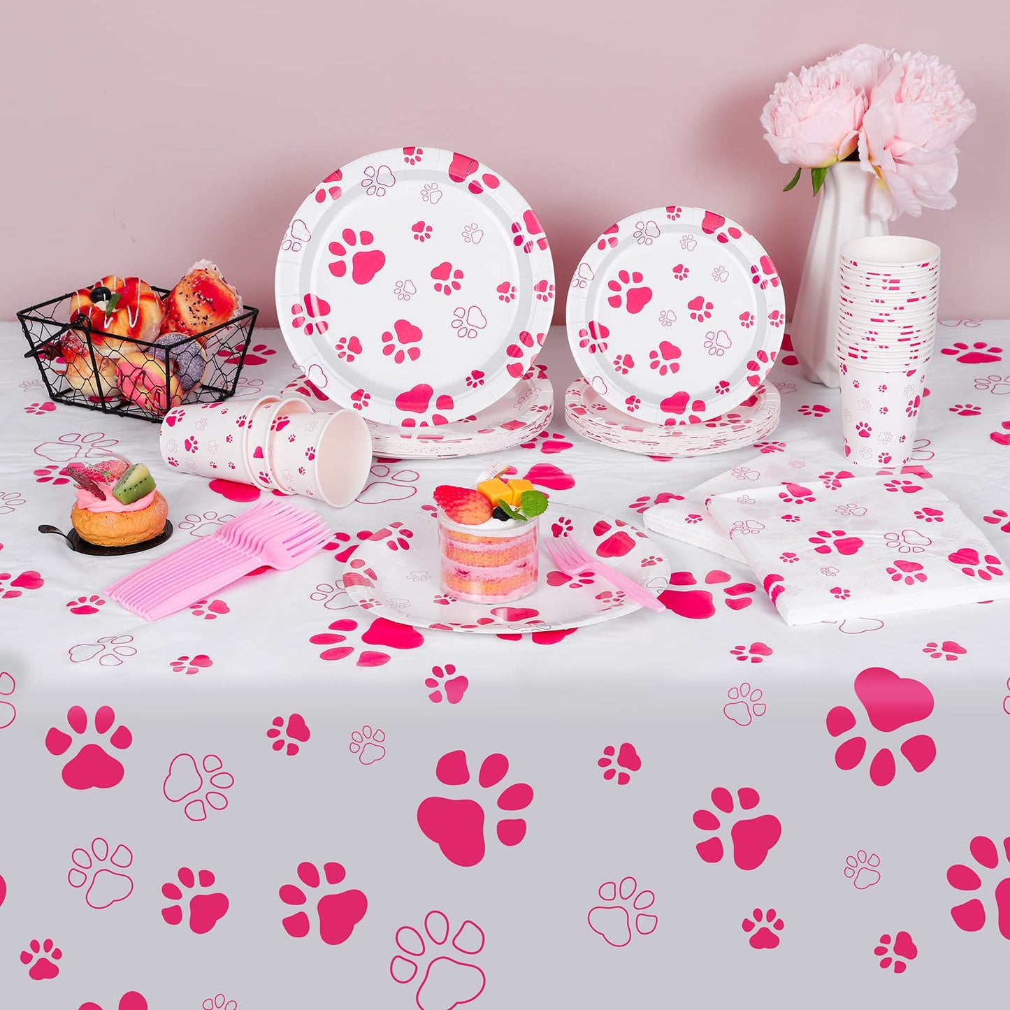 Durony 121 Pieces Pink Paw Print Party Supplies Dog Birthday Tablecloth, Plates, Napkins, Forks And Paper Cups Decorations For P