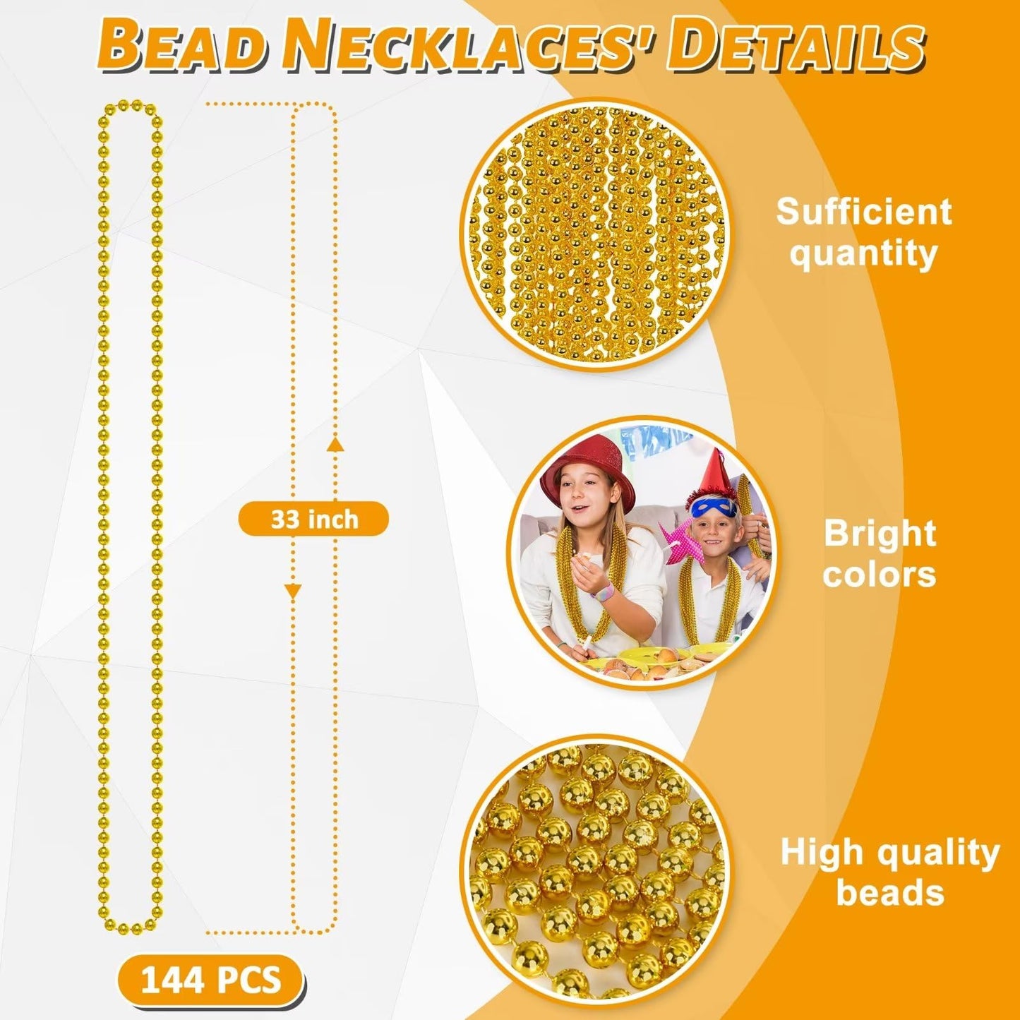 144PCS Mardi Gras Beads, Gold Bead Necklace Christmas Stuff, 33'' Mardi Gras Beads Necklace Costume Bulk, Festival Parade Throw